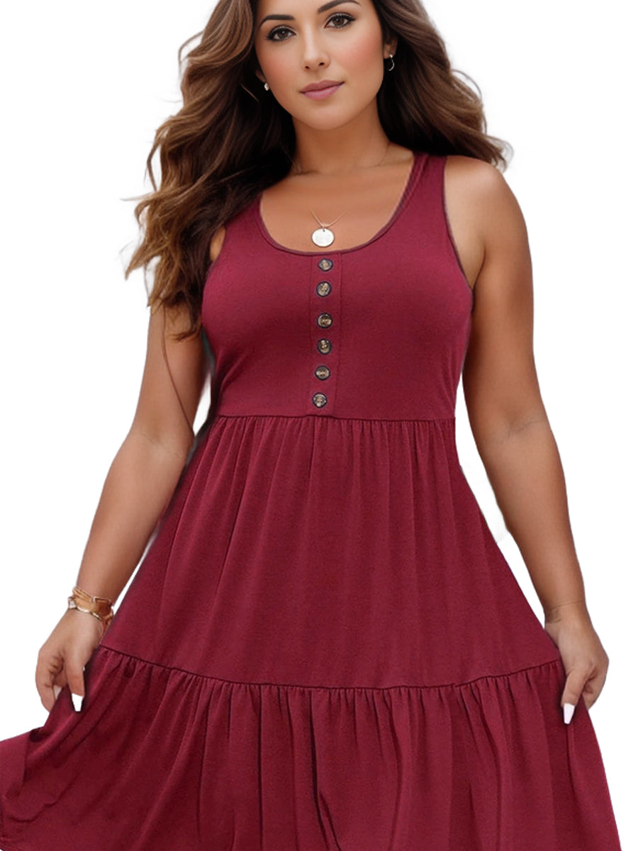 Plus Size Casual Loungewear, Women's Plus Ruffled Hem Button Detail Medium Stretch Comfort Tank Dress