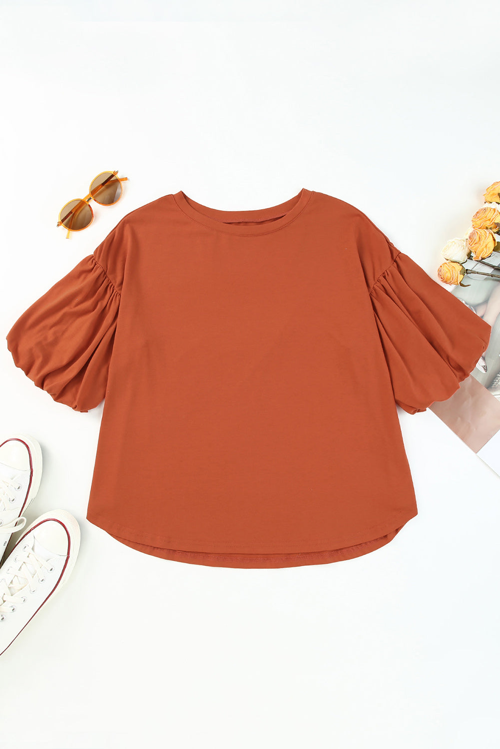 Orange Joint Bubble Sleeve Round Neck Blouse