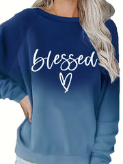 Plus Size Casual Sweatshirt, Women's Plus Ombre & Letter & Heart Print Raglan Sleeve Round Neck Slight Stretch Pullover Sweatshirt