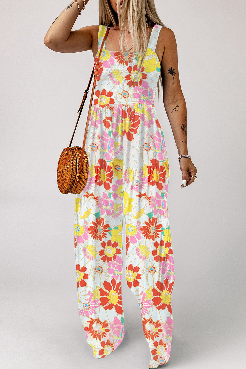 Orange Shirred Neck Summer Floral Dress