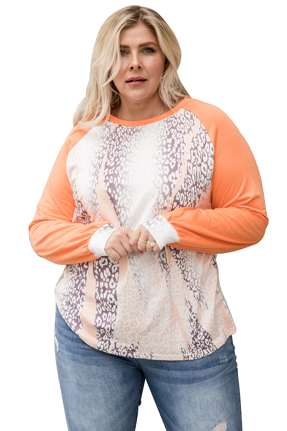 Orange Snakeskin Print Raglan Long Sleeve Plus Size Top