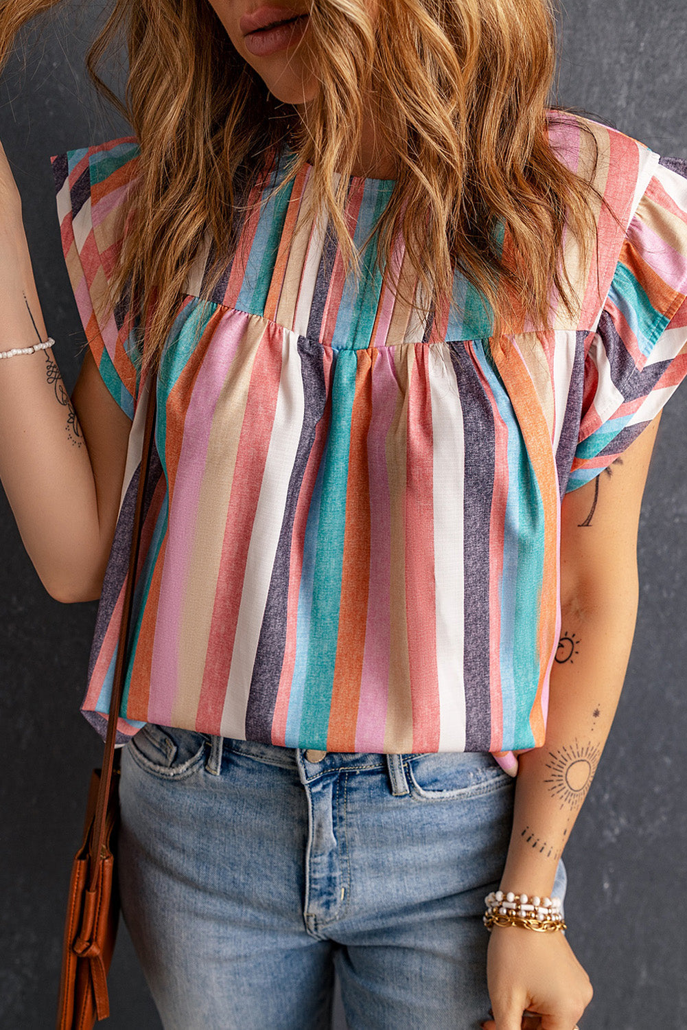 Pink Striped Button Sweetheart Flutter Sleeve Dress