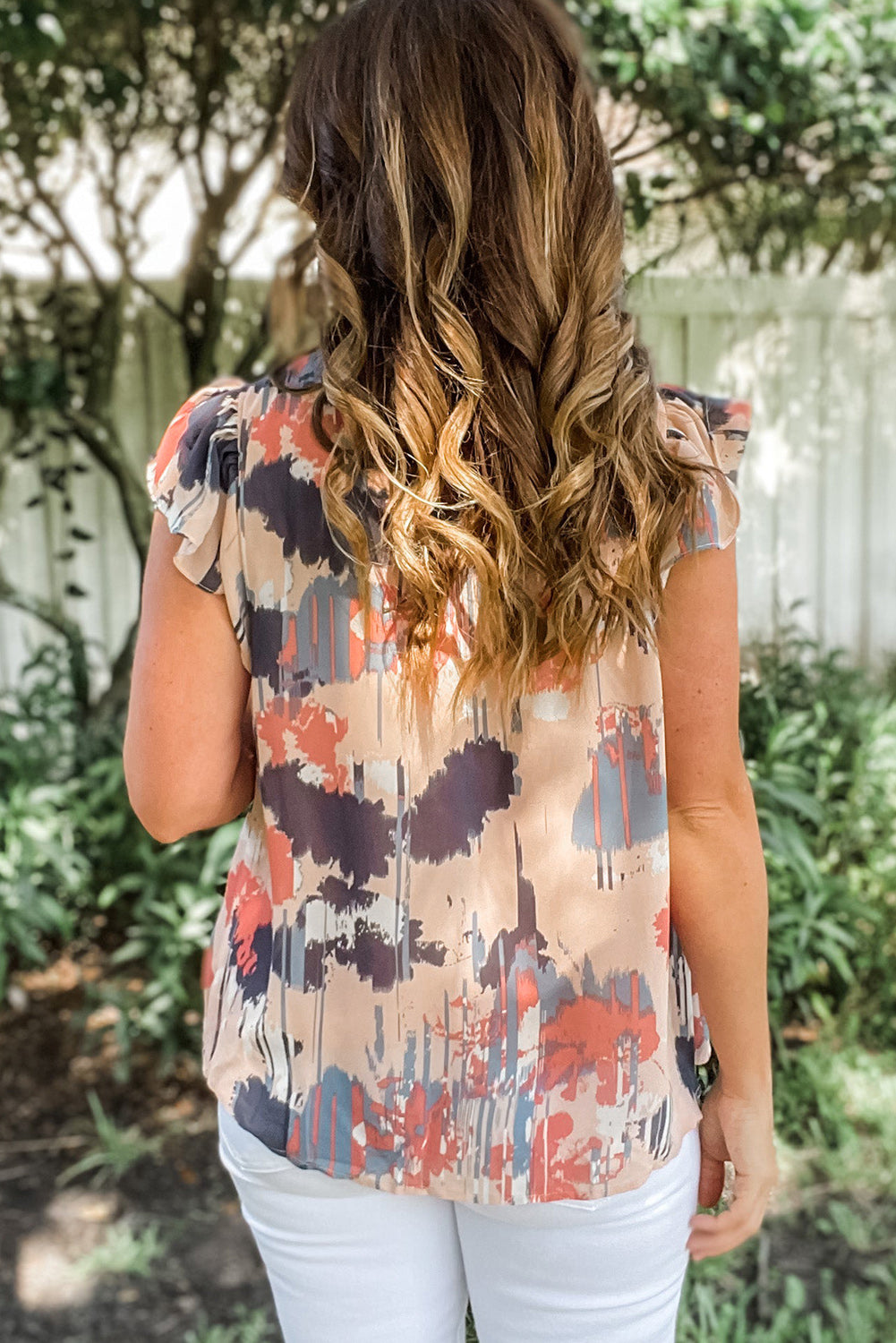 Pink Abstract Print V Neck Shirred Ruffled Sleeveless Top