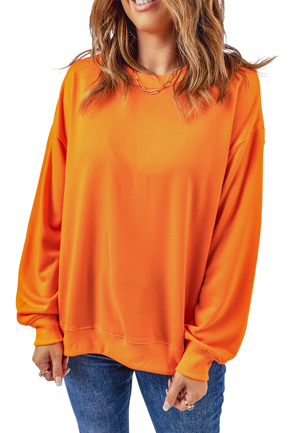 Orange Plain Crew Neck Pullover Sweatshirt