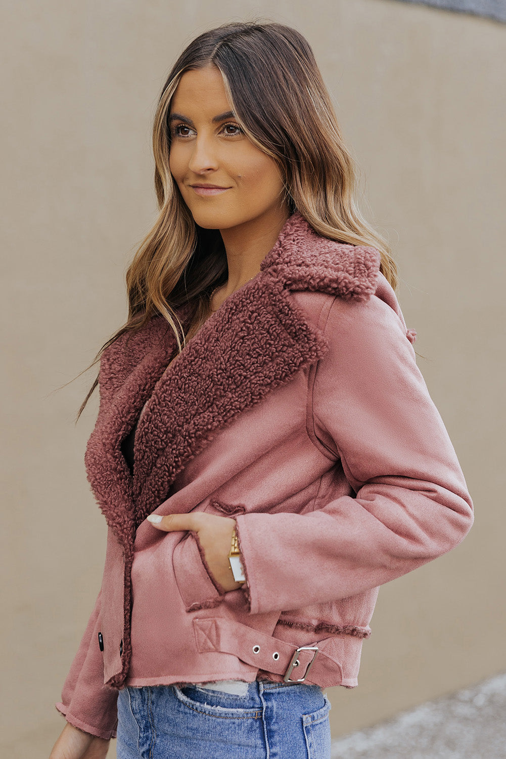 Pink Plush Lining Suede Cropped Double Breasted Coat