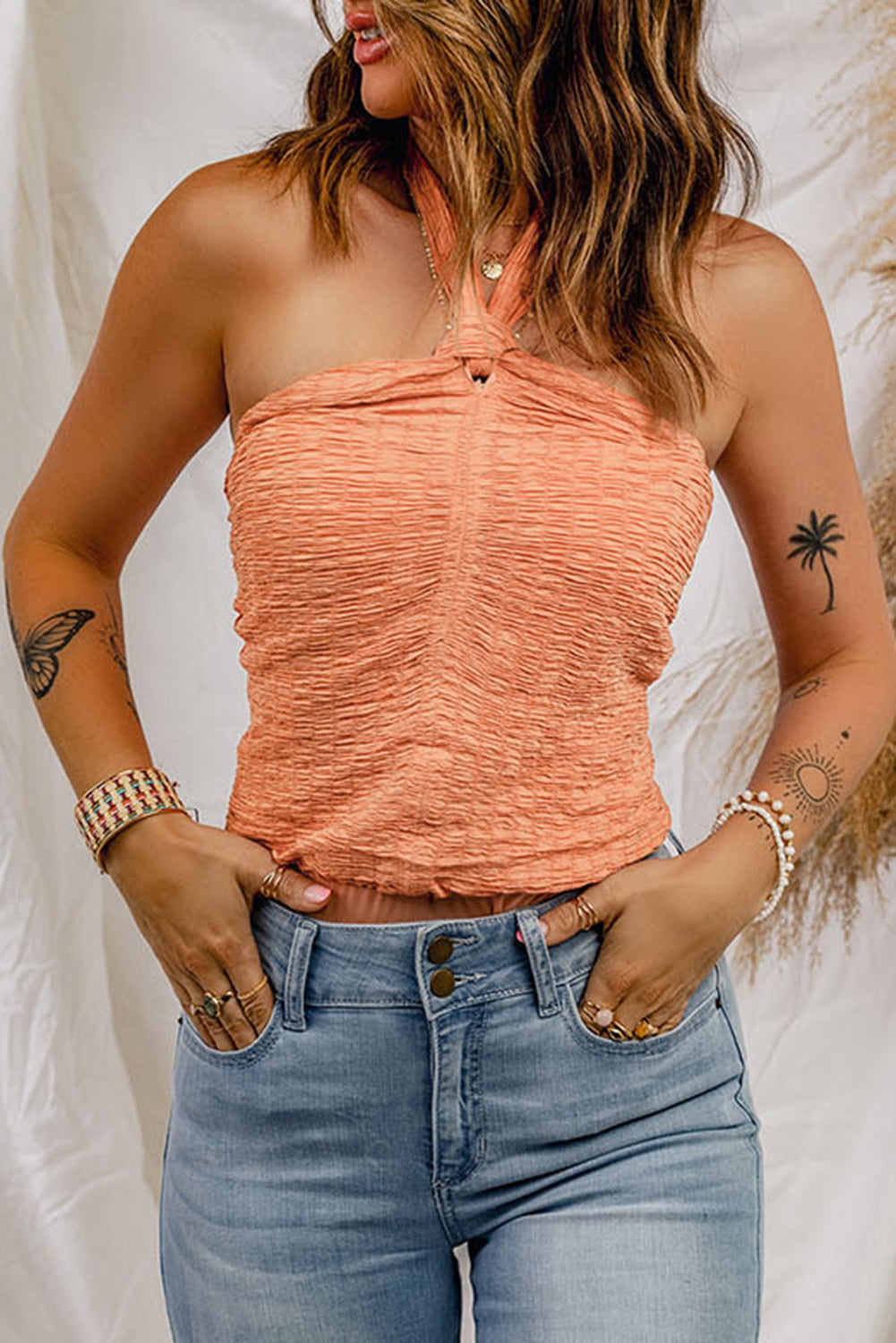 Orange Shirred Open Back Halter Tank Top