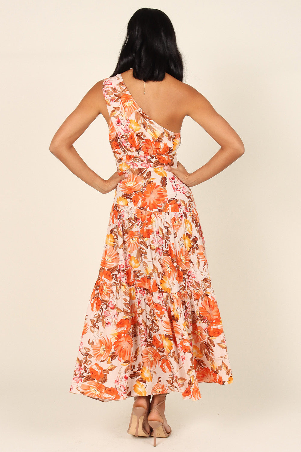 Orange Floral Print Pleated One Shoulder High Waist Maxi Dress