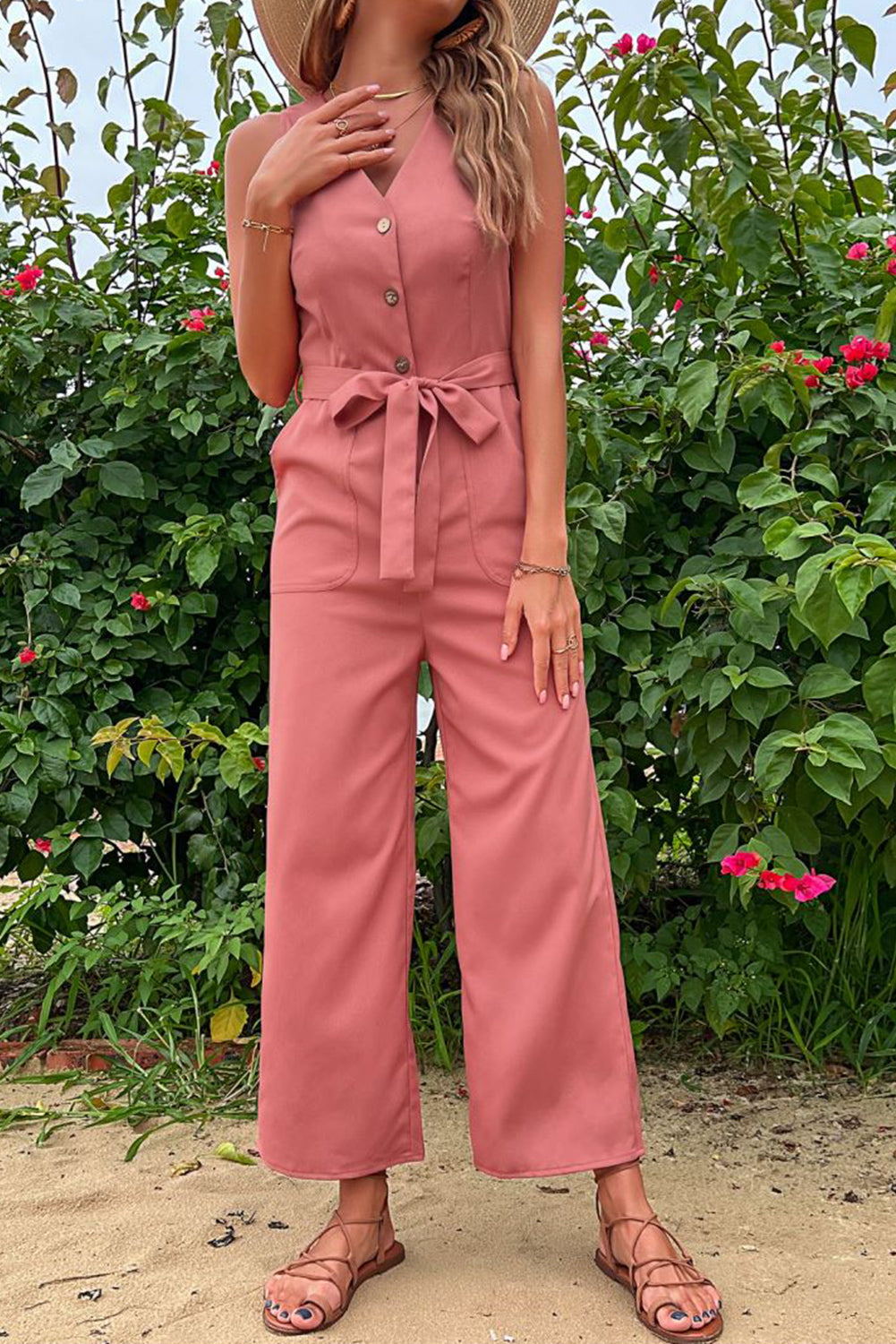 Pink Button V Neck Sleeveless Jumpsuit with Belt