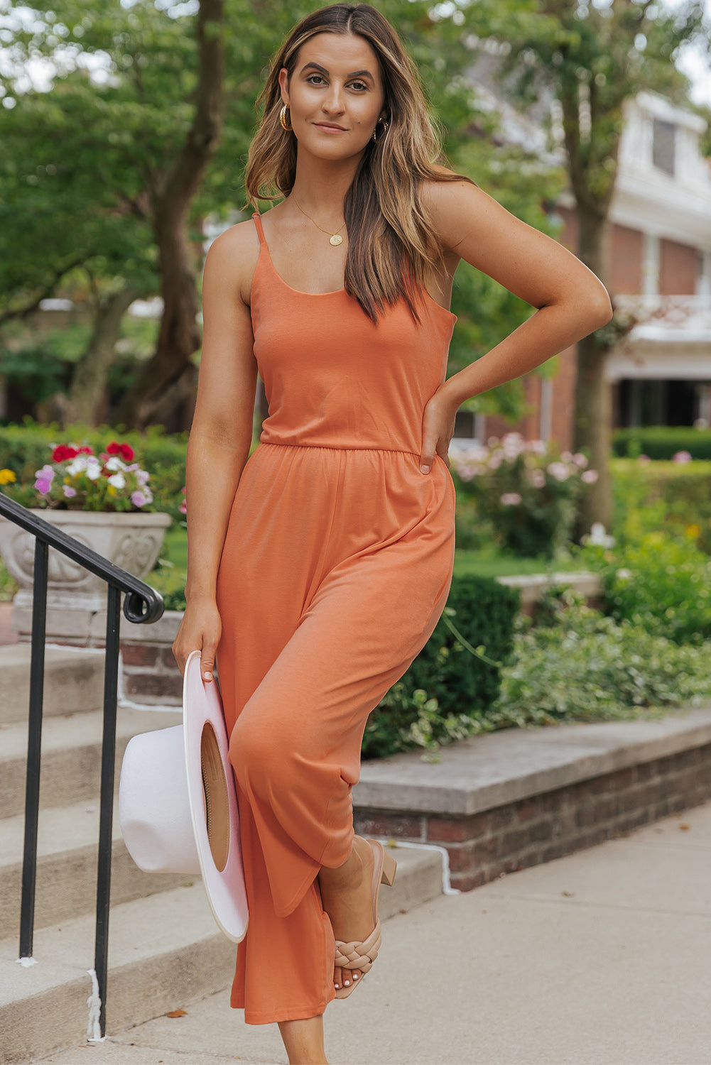 Orange Adjustable Spaghetti Straps Wide Leg Jumpsuit