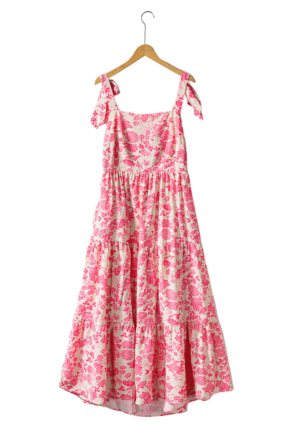 Vestido largo con lazo en los hombros y estampado floral de cuadros vichy rosas