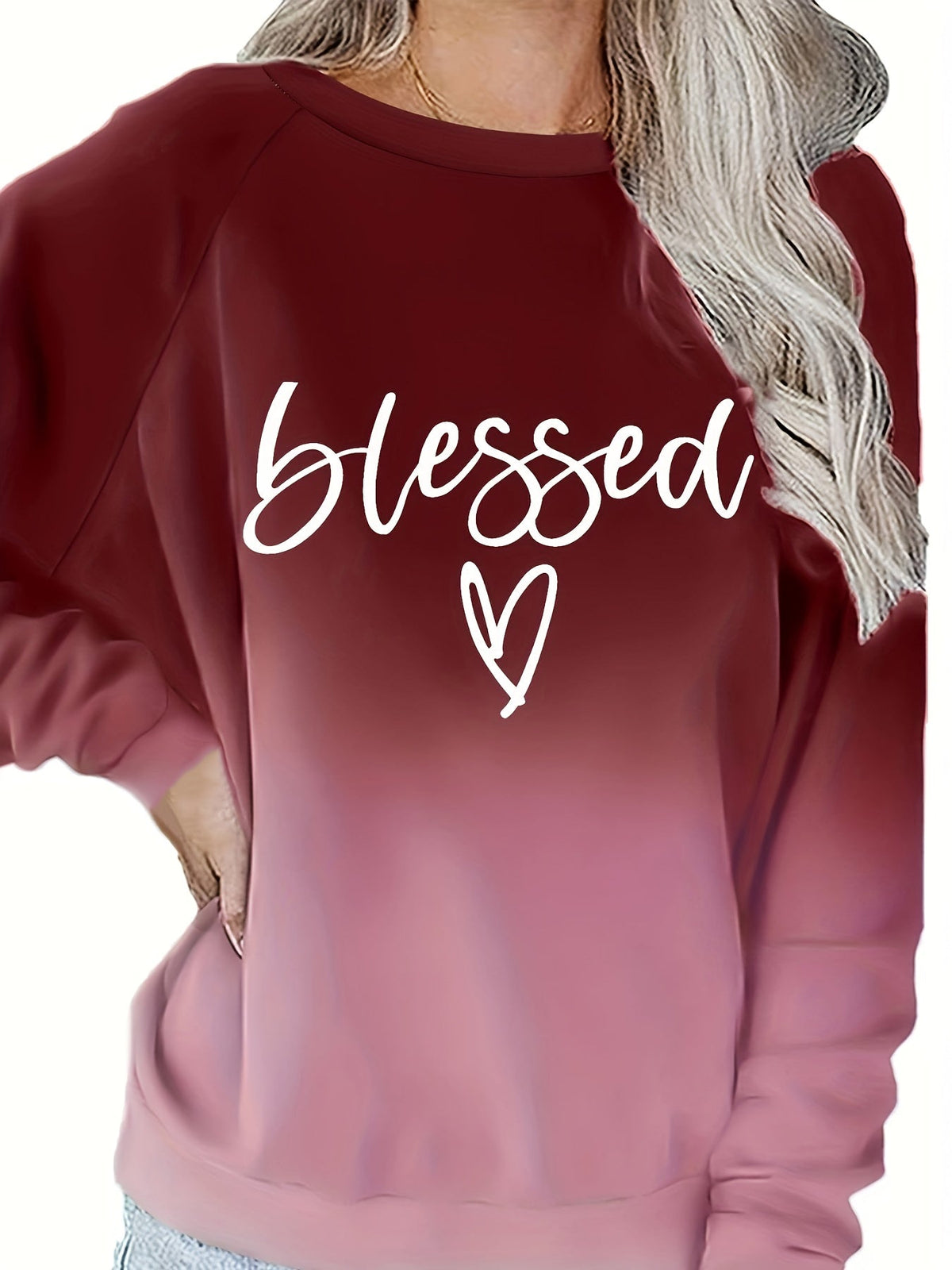 Plus Size Casual Sweatshirt, Women's Plus Ombre & Letter & Heart Print Raglan Sleeve Round Neck Slight Stretch Pullover Sweatshirt