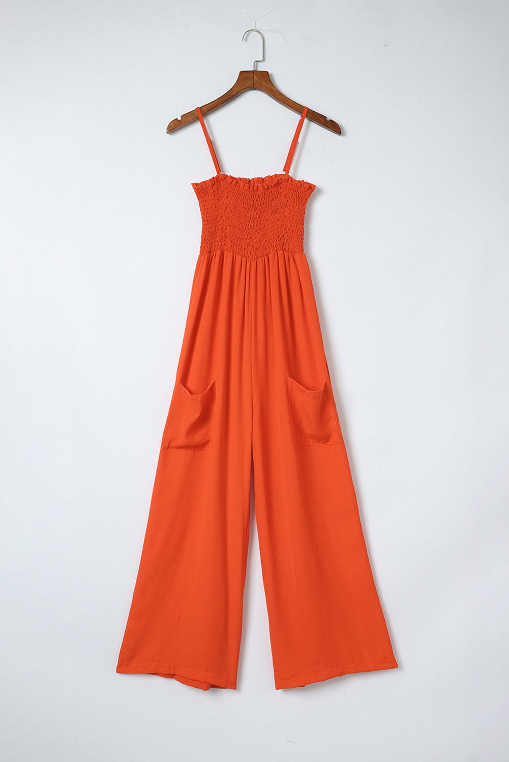 Orange Smocked Spaghetti Straps Wide Leg Jumpsuit