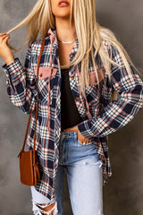 Chaqueta a cuadros con capucha y cordón ajustable en contraste rosa
