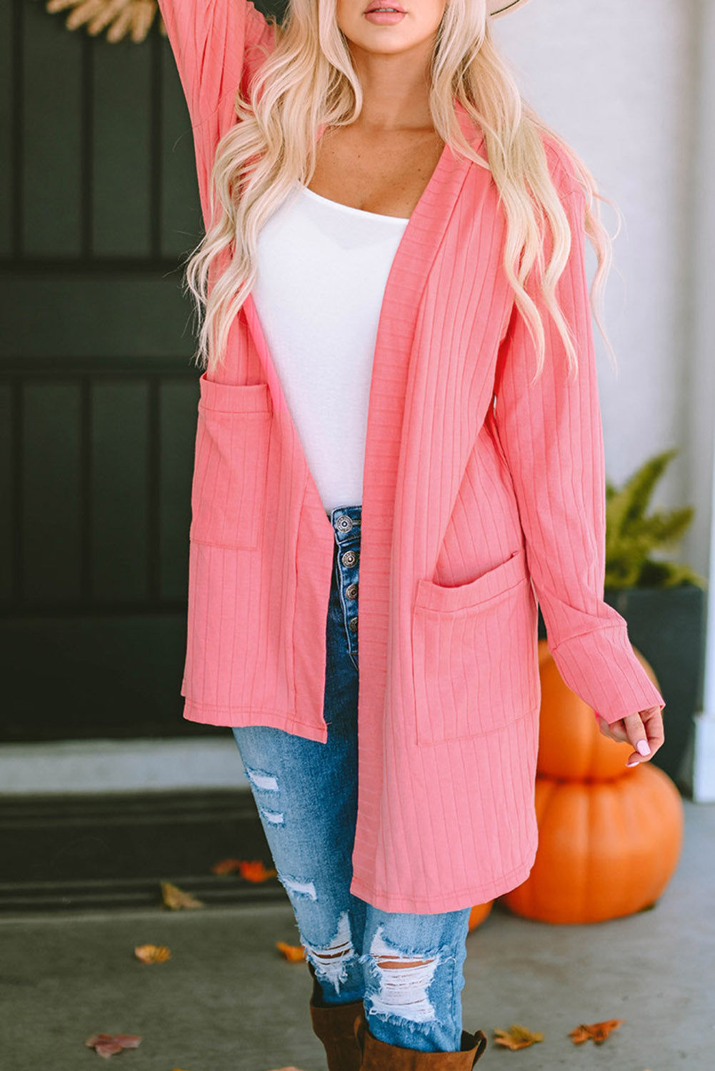 Rosa Strickjacke mit offener Vorderseite und Taschen