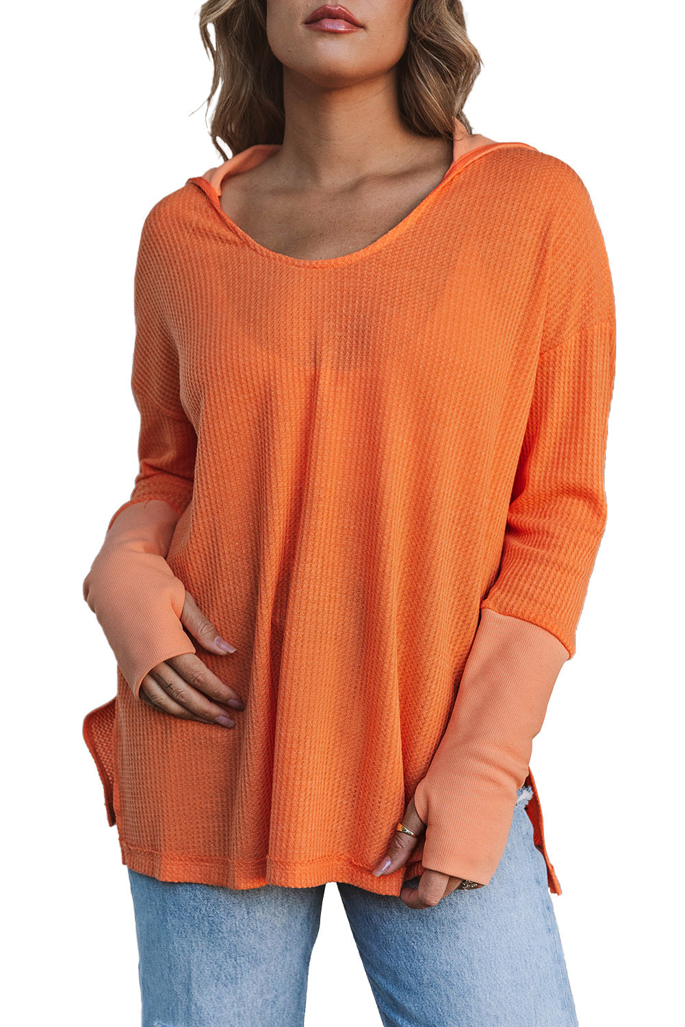 Orange Distressed Seam Trim Waffle Knit Top