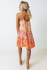 Orange Floral Print Tiered Spaghetti Straps Shift Dress