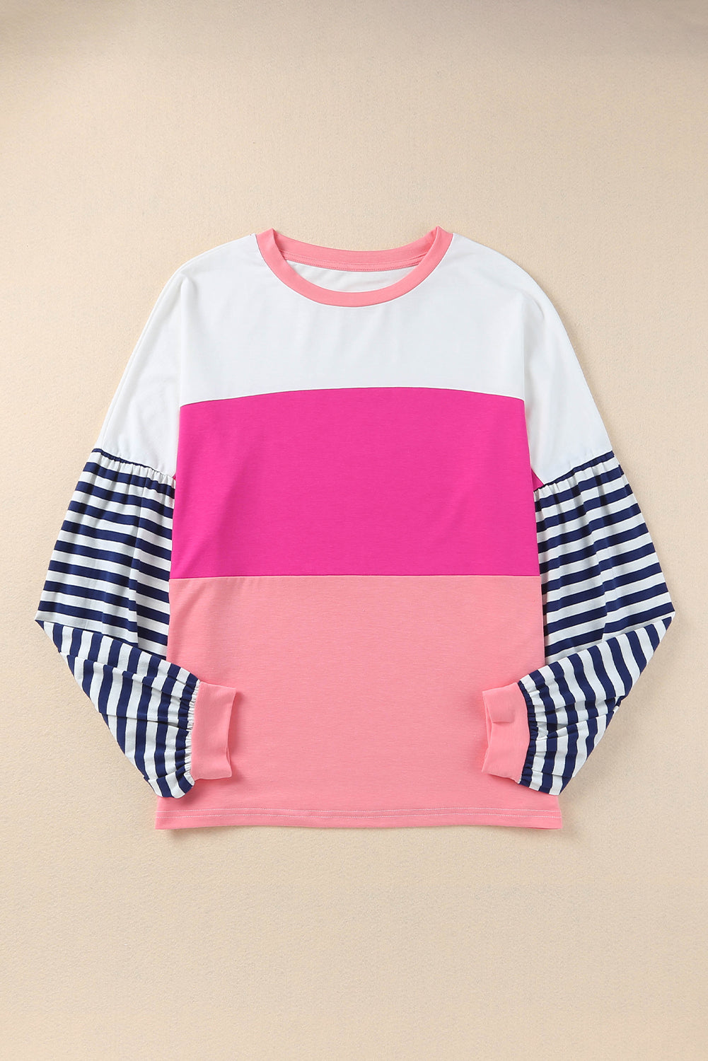 Pink Color Block Bubble Striped Sleeve Top