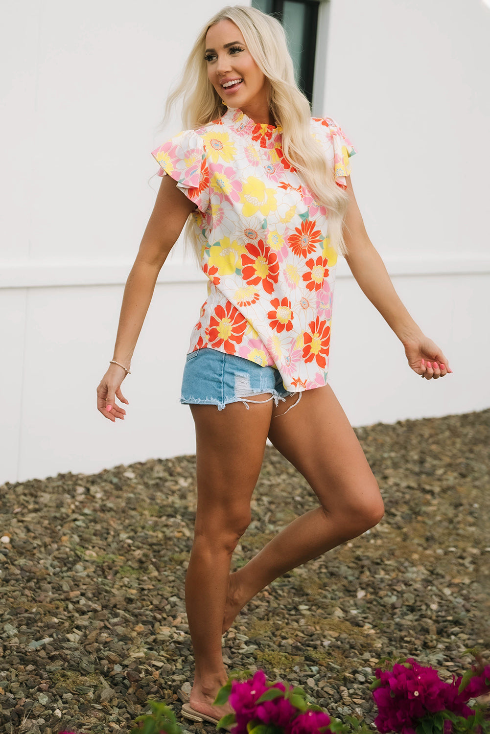 Orange Shirred Neck Summer Floral Dress