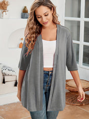 Plus Size Casual Cardigan, Women's Plus Solid Half Sleeve Open Front High Stretch Cardigan