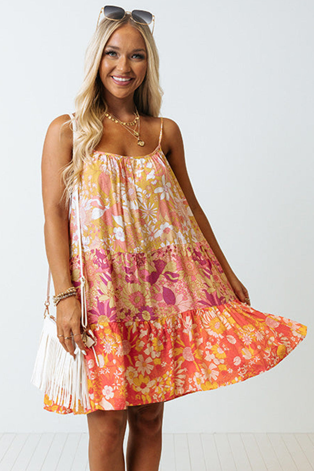 Orange Floral Print Tiered Spaghetti Straps Shift Dress