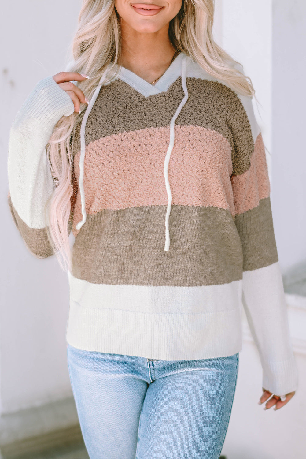 Pink Color Block Knitted Drawstring Hooded Sweater