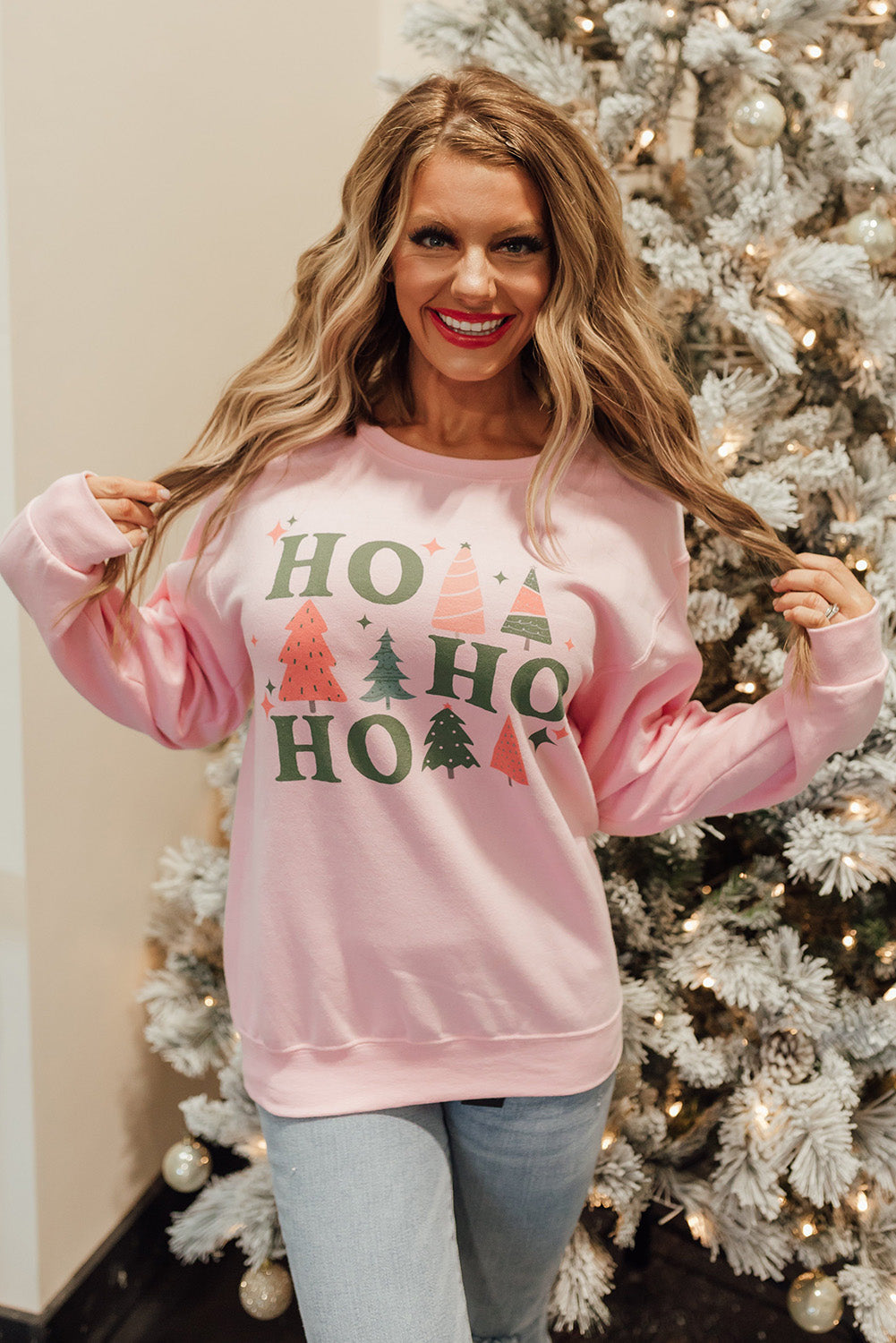 Pink Christmas Jolly Letter Print Pullover Sweatshirt