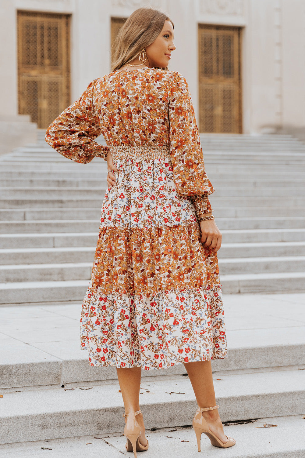 Orange Mix Floral Patchwork Frill Tiered Dress