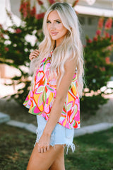 Pink Abstract Floral Print Knotted Halter Tank Top