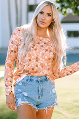 Orange Floral Knit Long Sleeve Top