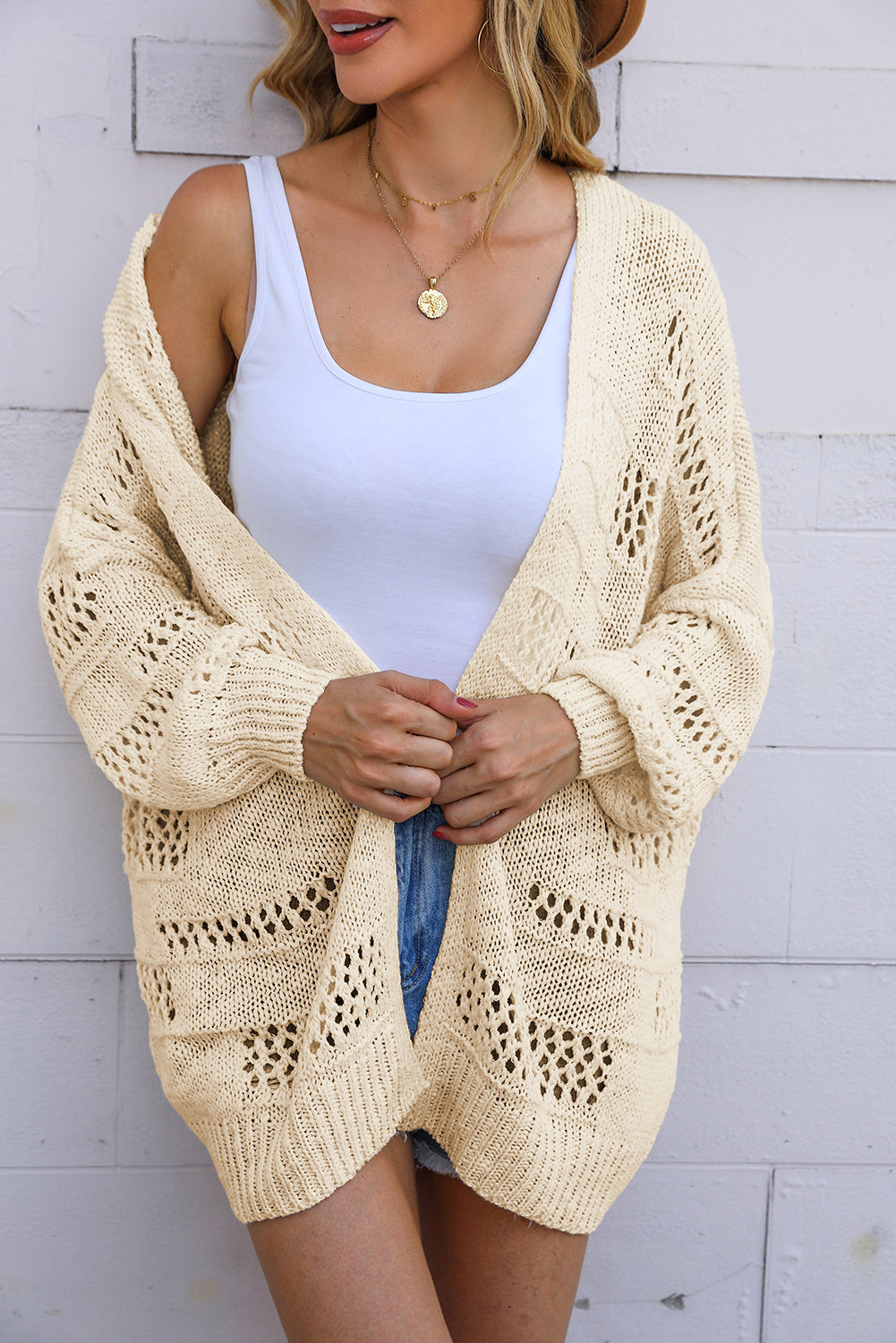 Pink Casual Hollowed Knit Dolman Sleeve Cardigan