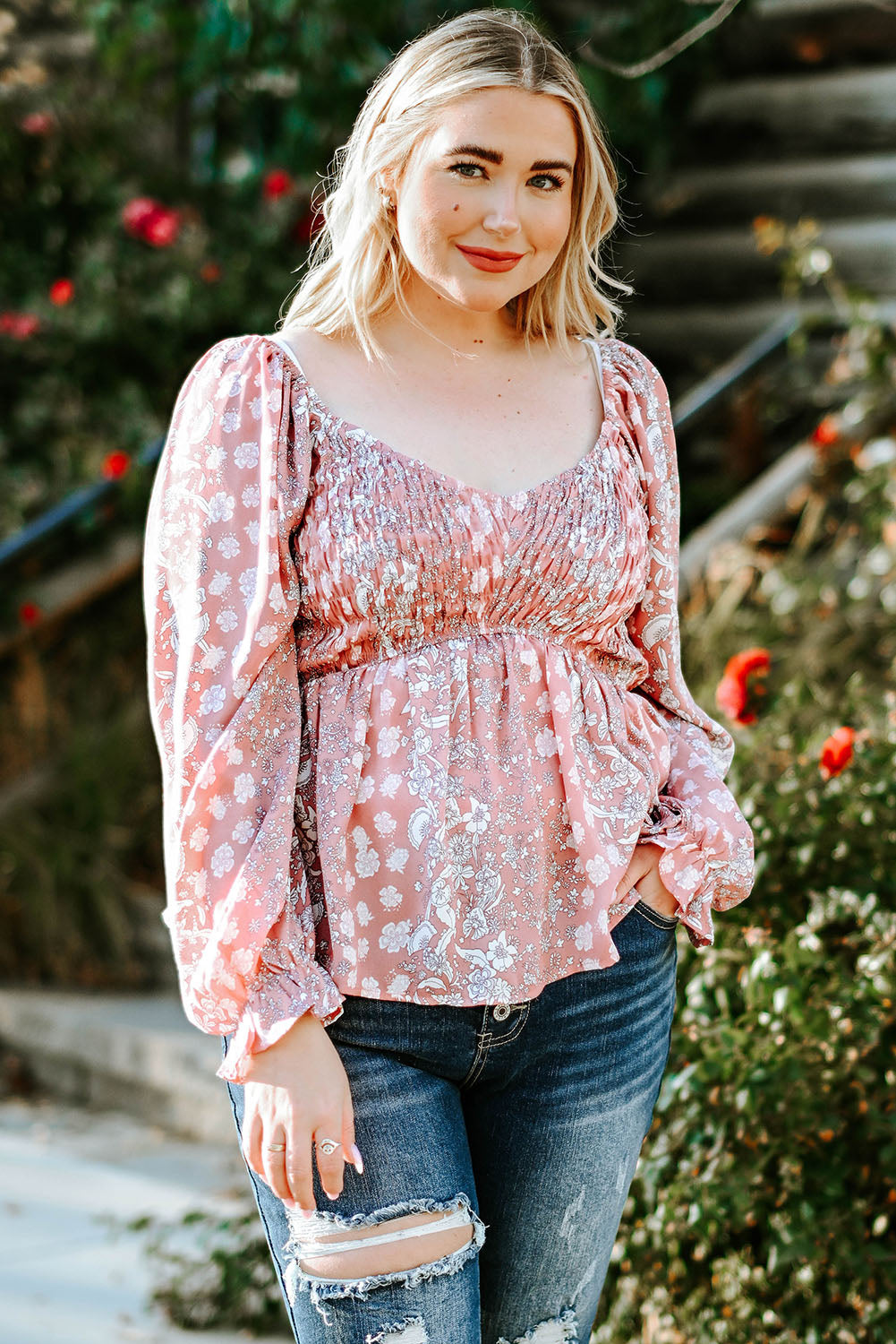 Pink Bohemian Print Puff Sleeve Curvy Peplum Blouse