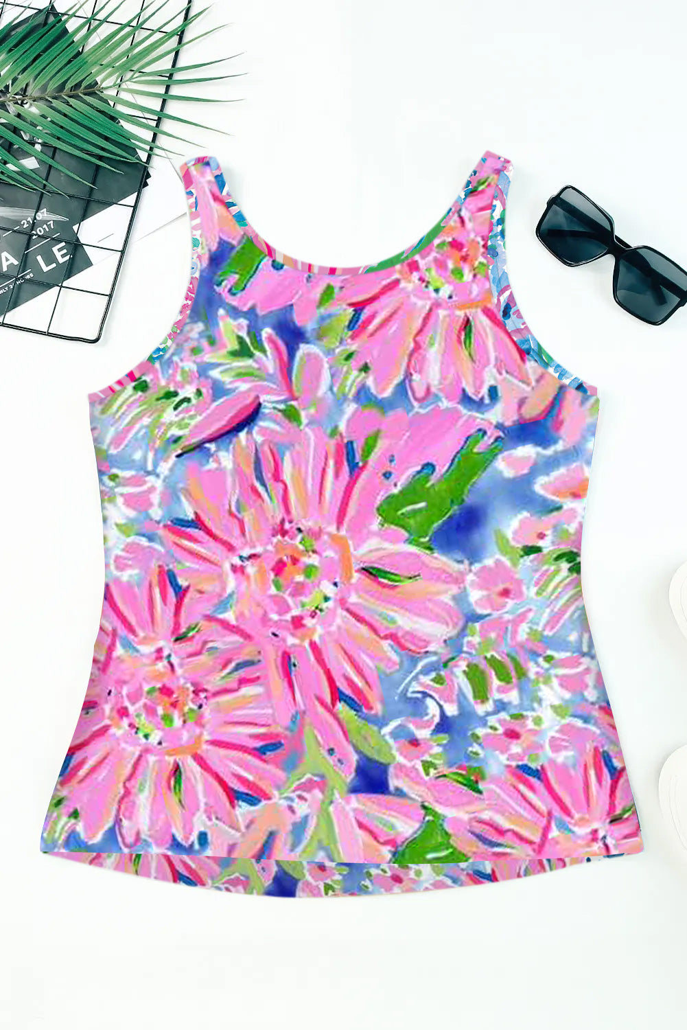 Pink Abstract Floral Print Loose Fit Spaghetti Strap Tank Top