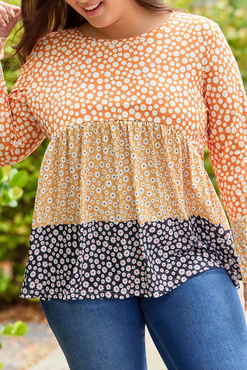 Orange Plus Size Colorblock Blooming Daisy Long Sleeve Flowy Top