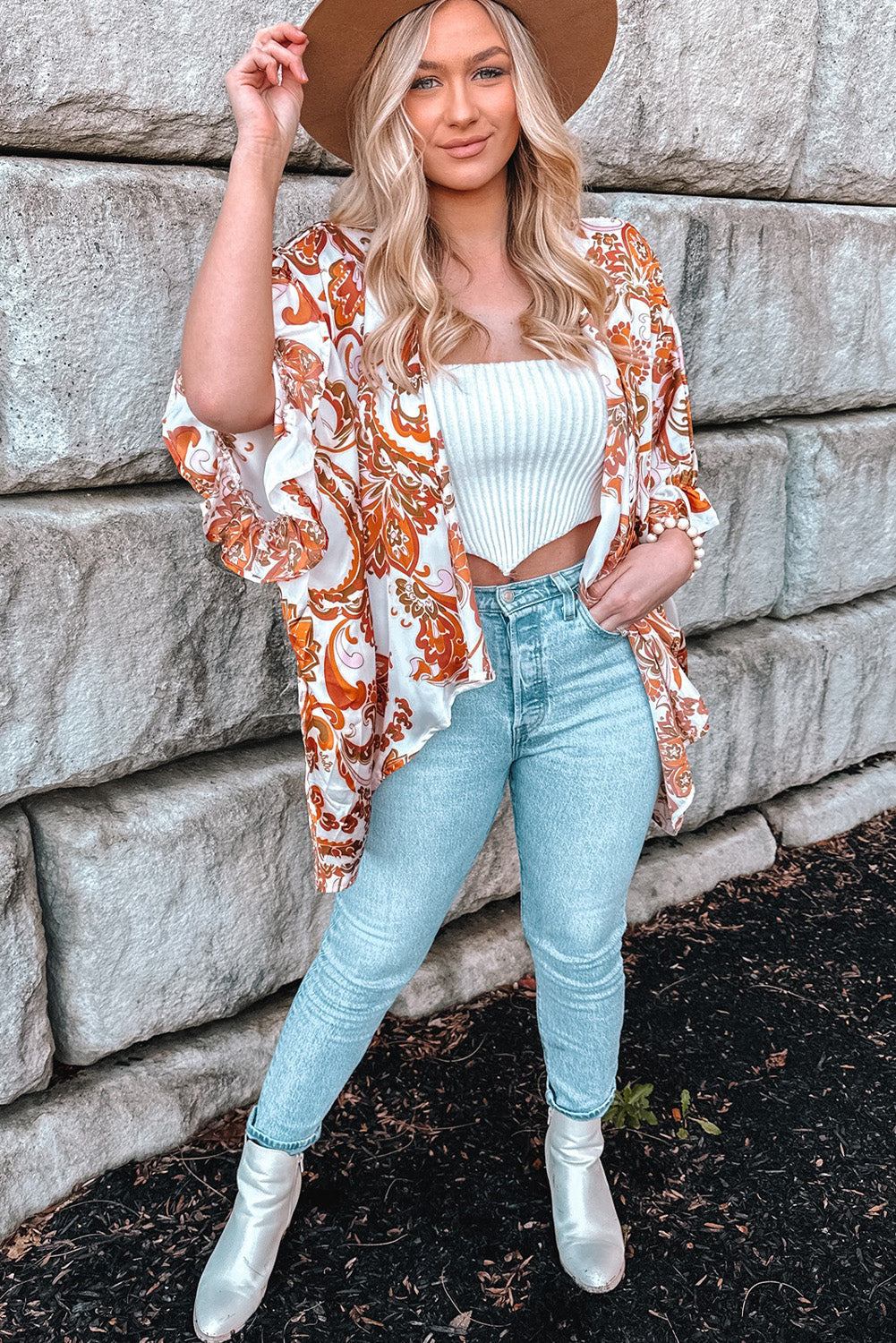 Orange Draped Paisley Print Open Front Overlay Top with Ruffles