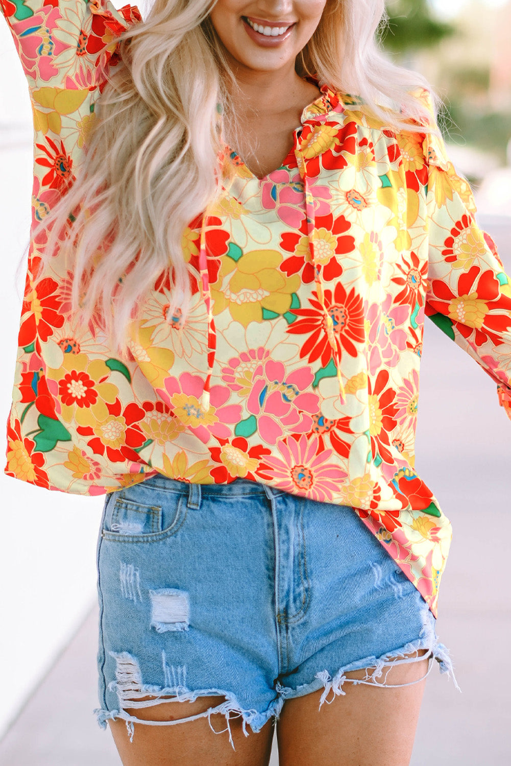 Orange Shirred Neck Summer Floral Dress