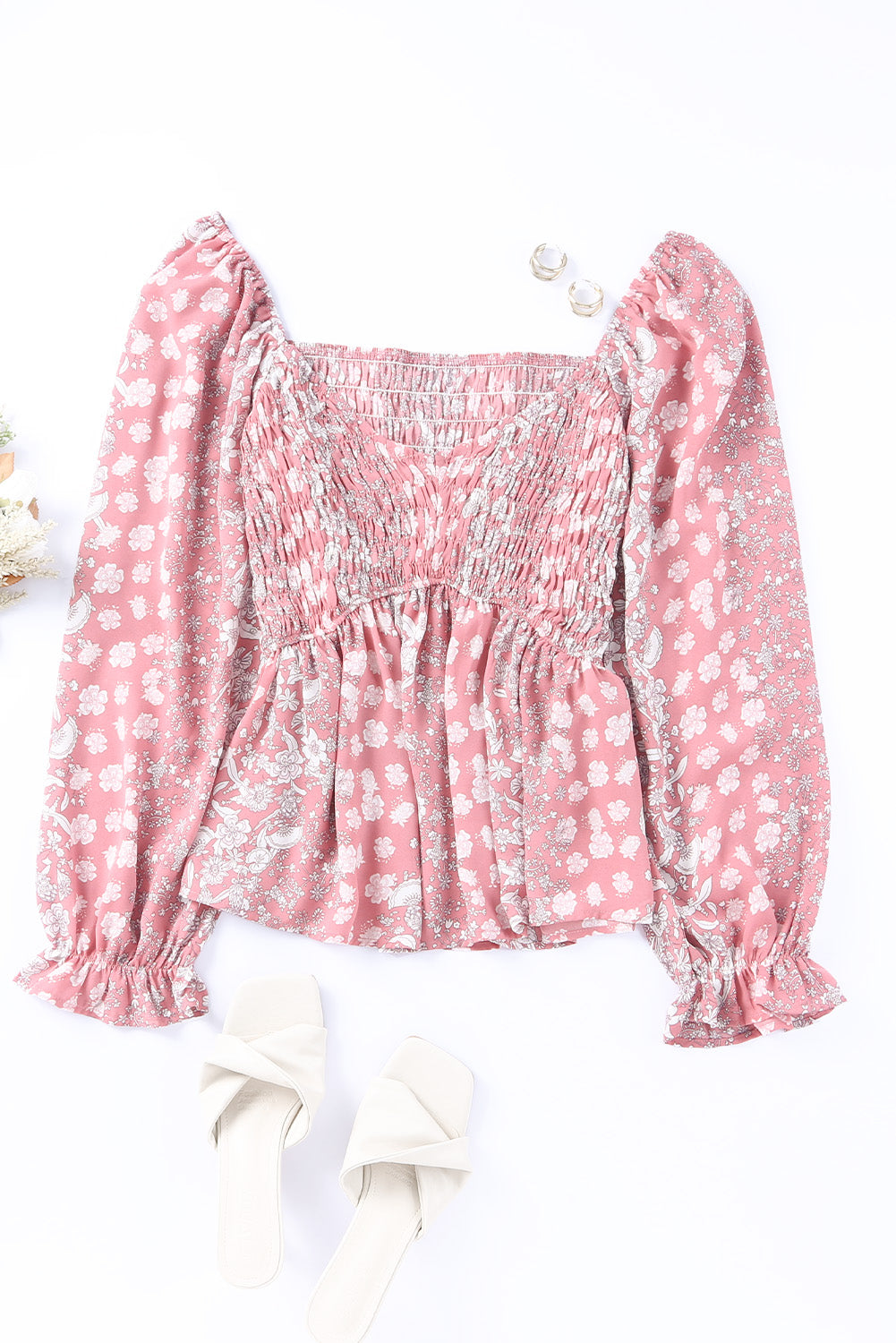 Pink Bohemian Print Puff Sleeve Curvy Peplum Blouse