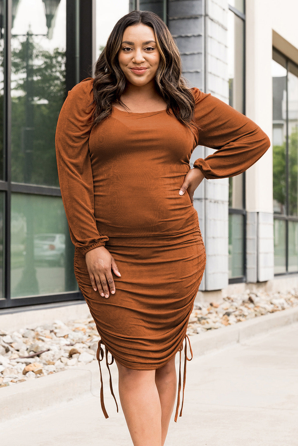 Orange Plus Size Ruched Drawstring Bodycon Dress