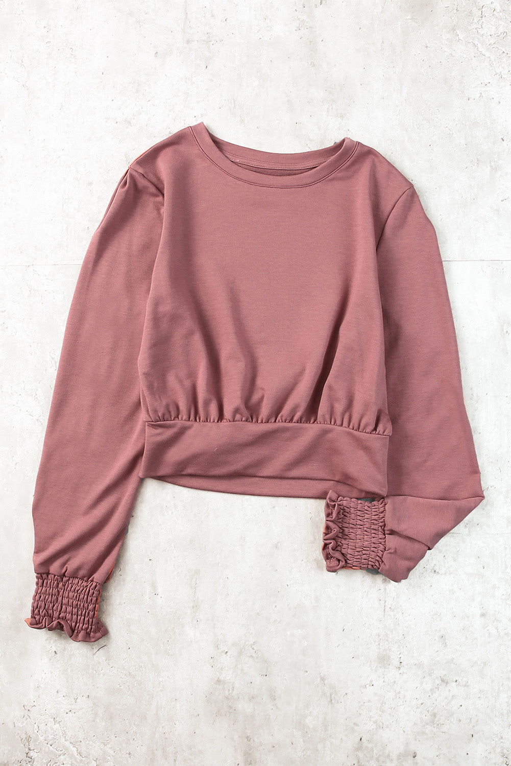 Pink Banded Hem Smocking Cuffs Long Sleeve Crop Top