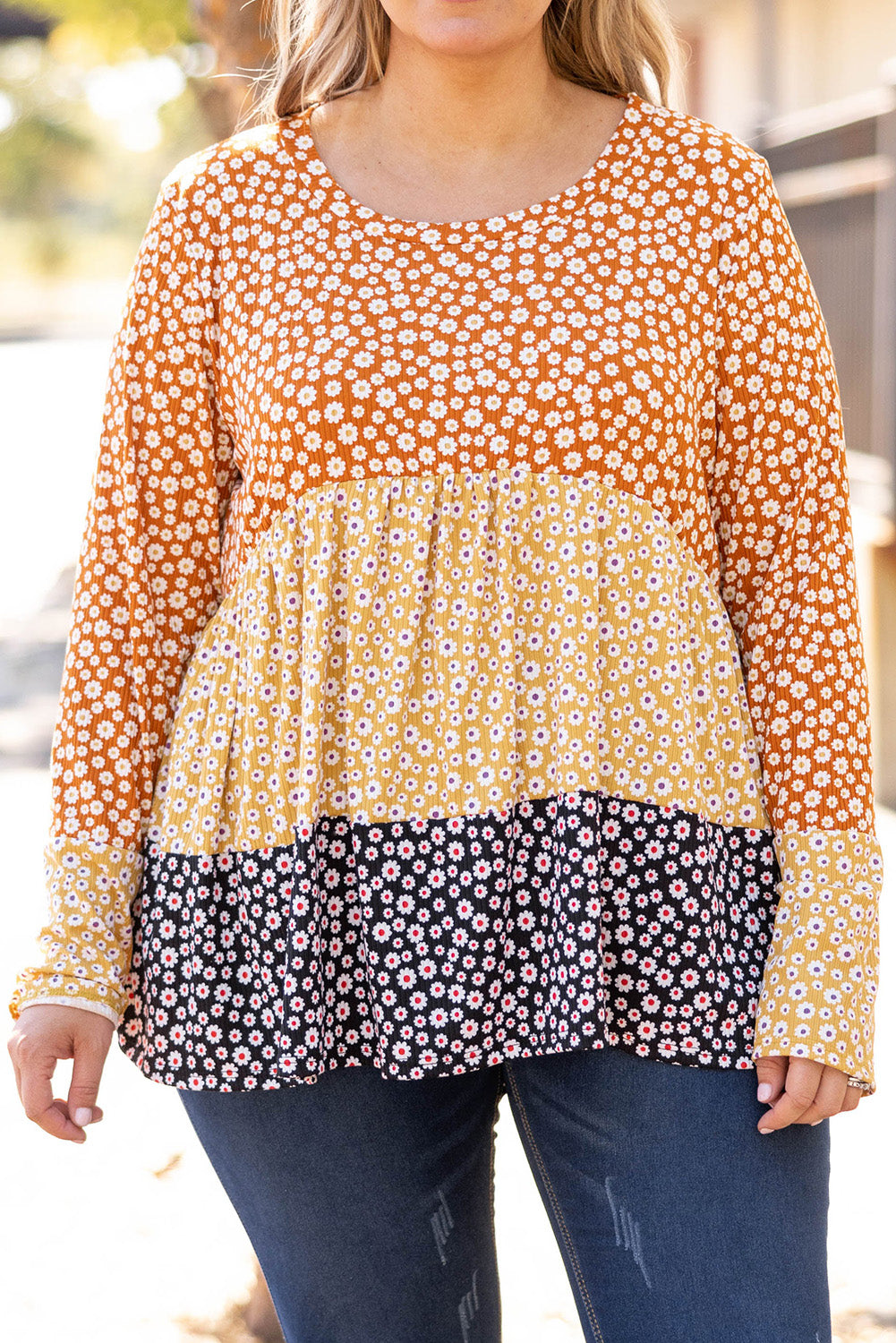 Orange Plus Size Colorblock Blooming Daisy Long Sleeve Flowy Top