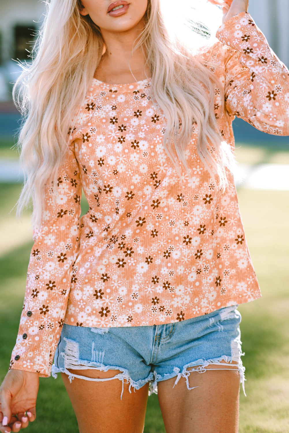 Orange Floral Knit Long Sleeve Top