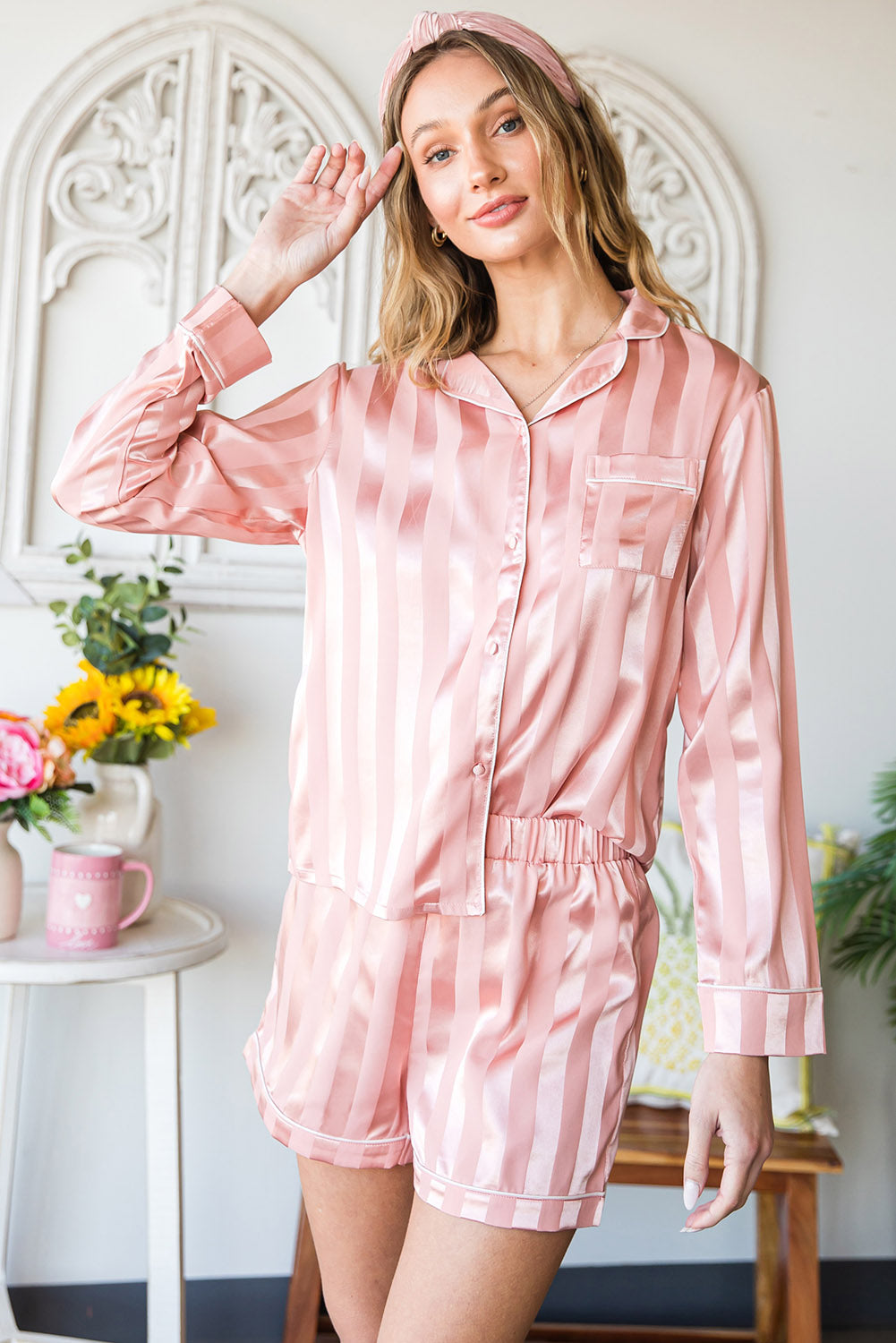 Pink Striped Print Buttoned Shirt and Drawstring Shorts Lounge Set