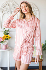 Pink Striped Print Buttoned Shirt and Drawstring Shorts Lounge Set