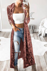 Rosafarbener Duster-Cardigan aus Samt mit offenem Revers
