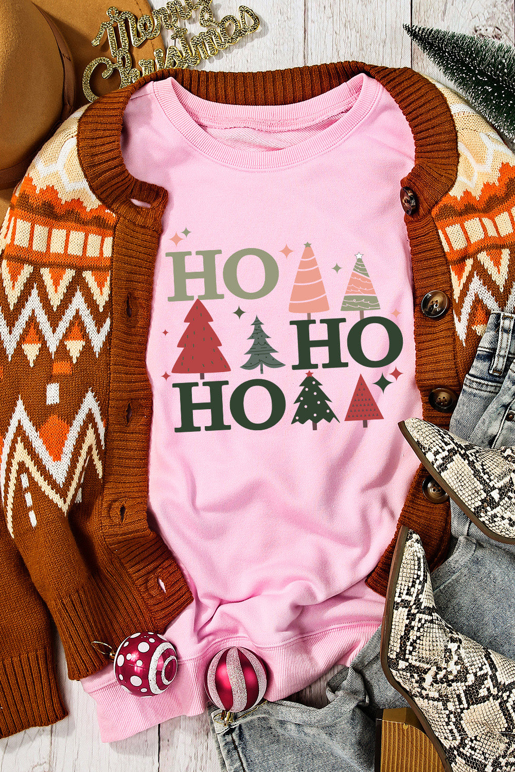 Pink Christmas Jolly Letter Print Pullover Sweatshirt