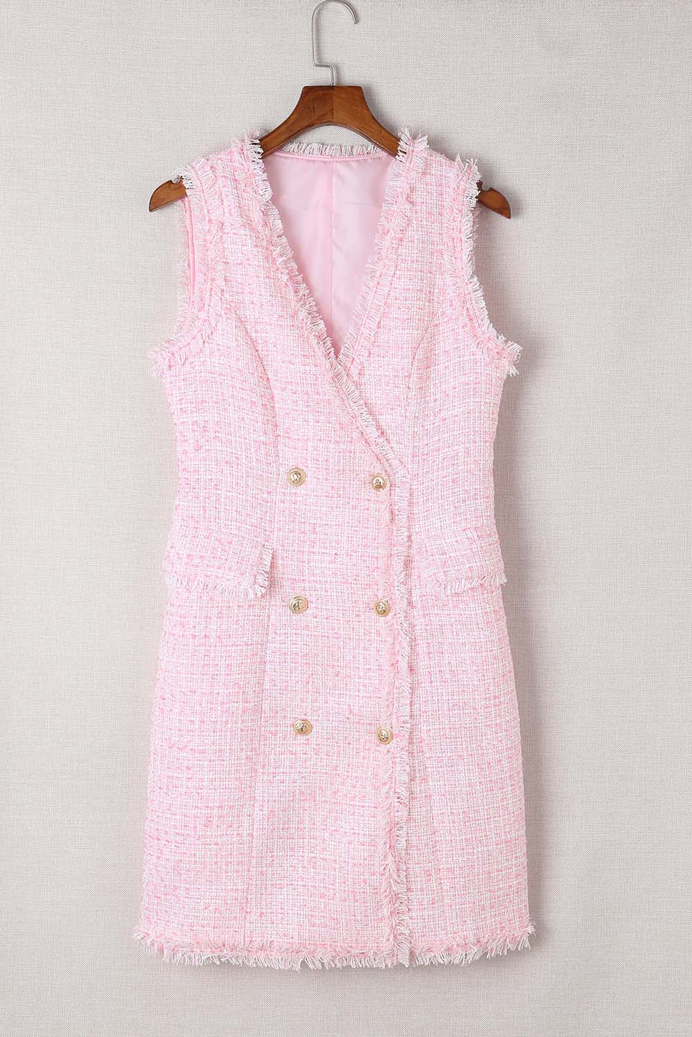 Vestido de tweed cruzado con borde deshilachado en color rosa