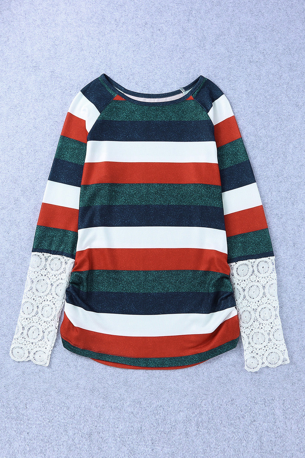 Orange Green Striped Lace Splicing Long Sleeve Top