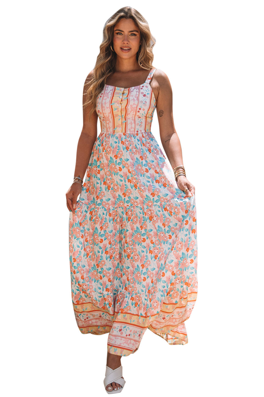 Orange Boho Floral Print Sleeveless Tiered Maxi Dress