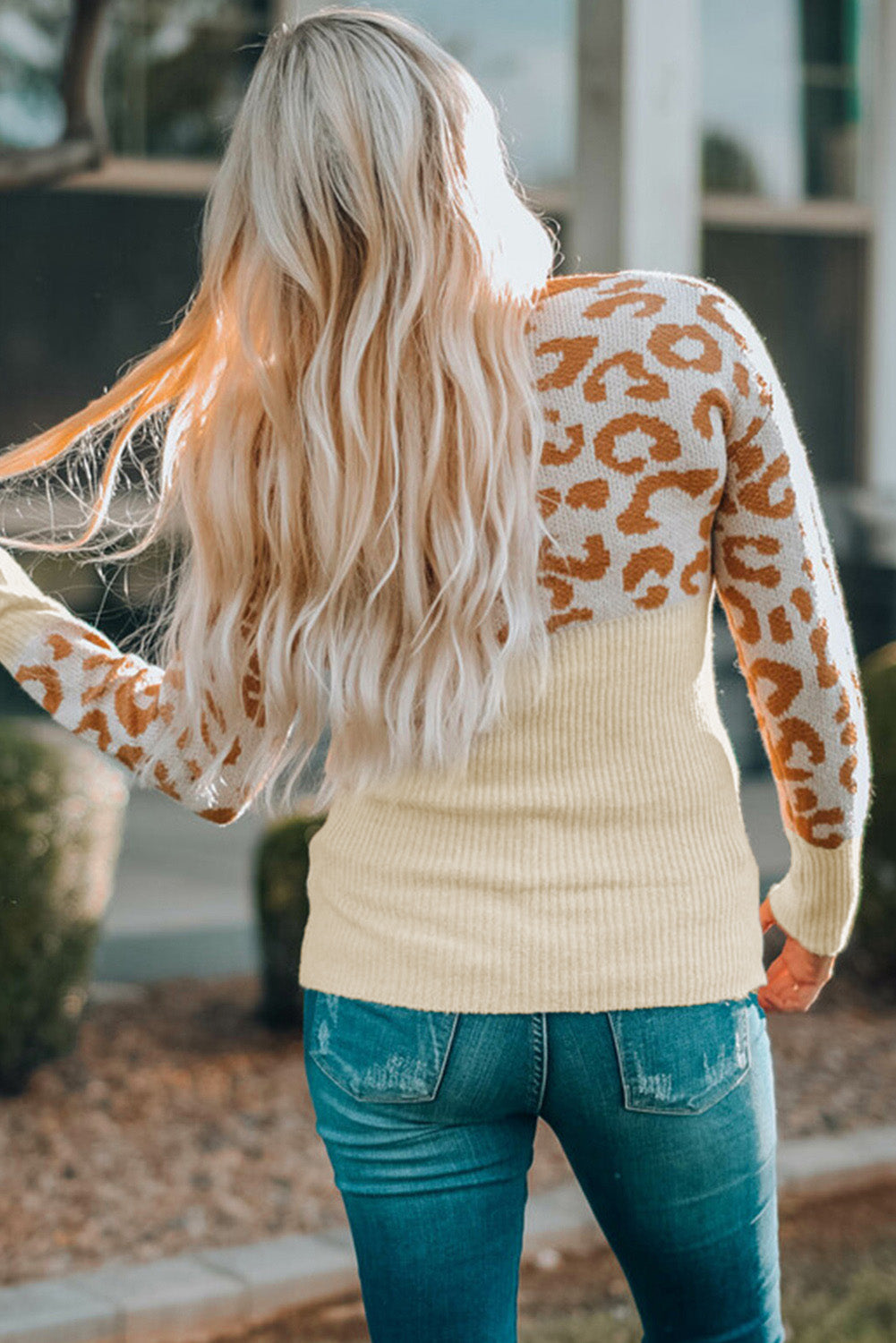 Orange Colorblock Leopard V Neck Sweater