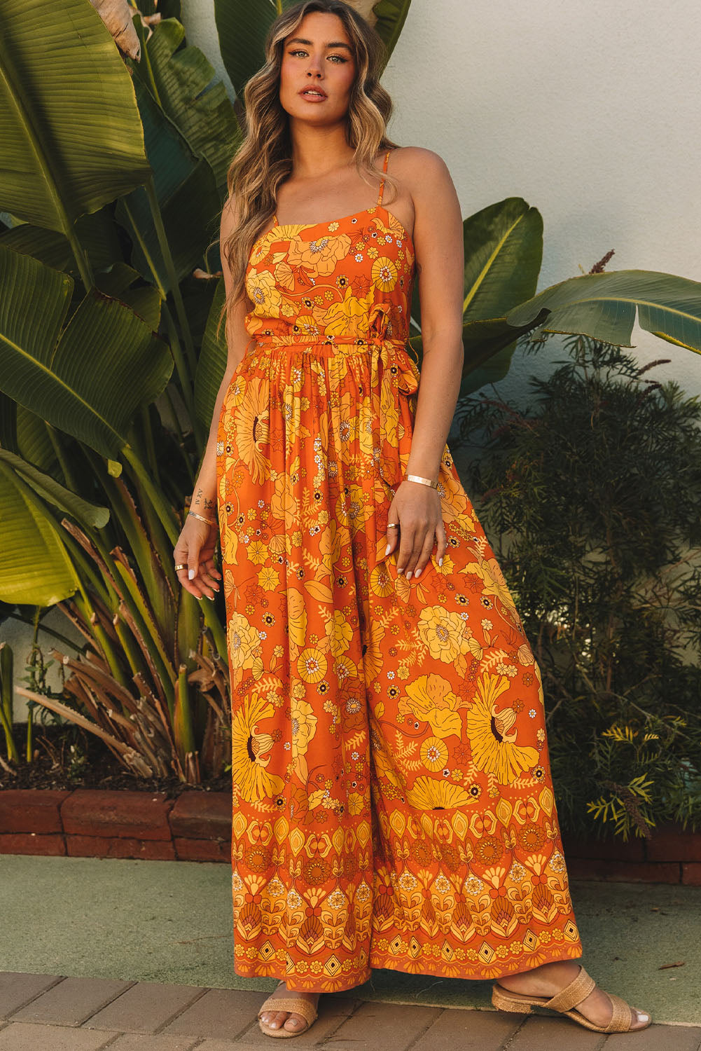 Orange Floral Wide Leg Sleeveless Jumpsuit