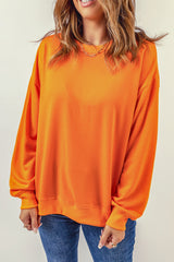 Orange Plain Crew Neck Pullover Sweatshirt